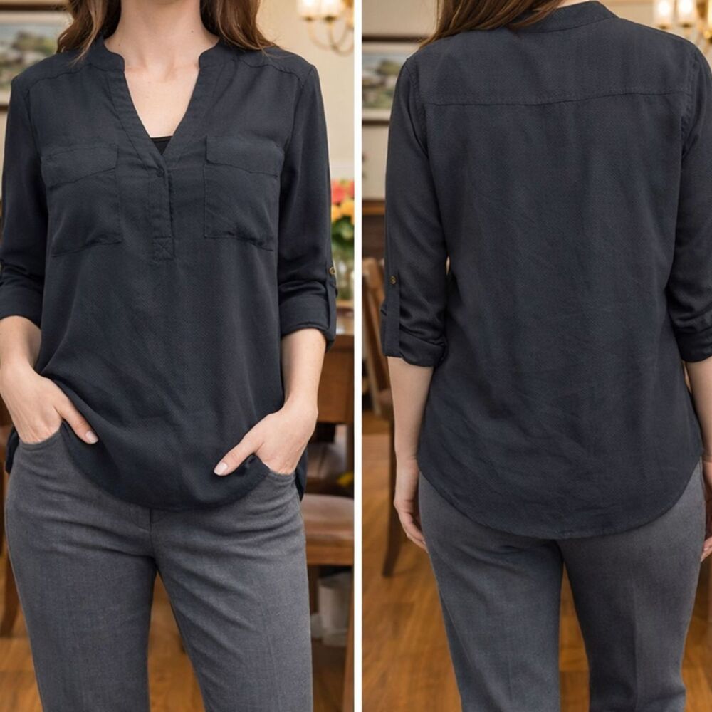 Metaphor Women’s Black V-Neck Half Button Up Blouse Top | Size Small
